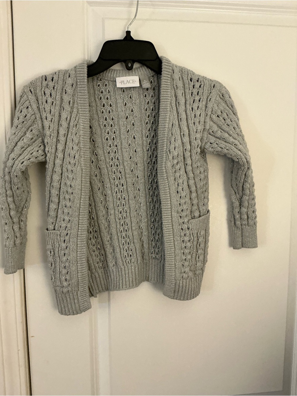 The Childrens Place Girls Silver Metallic Cable Knit Open Cardigan Sweater 4 xs